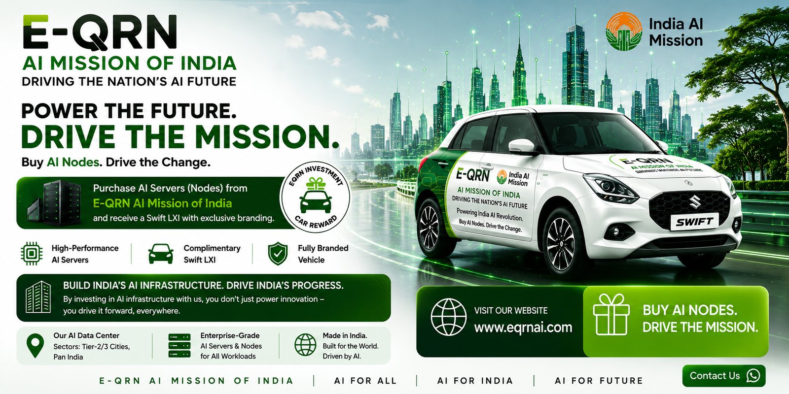 E-QRN AI Mission of India — Power the future, drive the mission. Purchase AI servers (nodes) and receive a branded Swift LXI.
